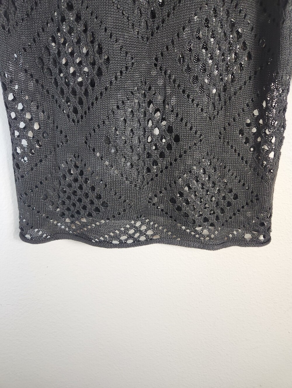 Womens |XL| Black Loose 3/4 Sleeve Open Crochet Knit Top - Picture 6 of 7